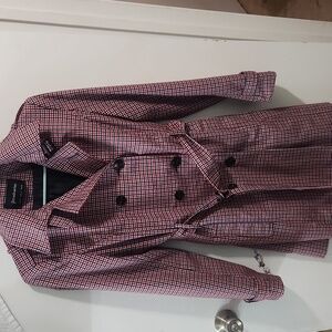 Stradivarius Double Breasted Red Blue Plaid Trench Coat With Belt EUC